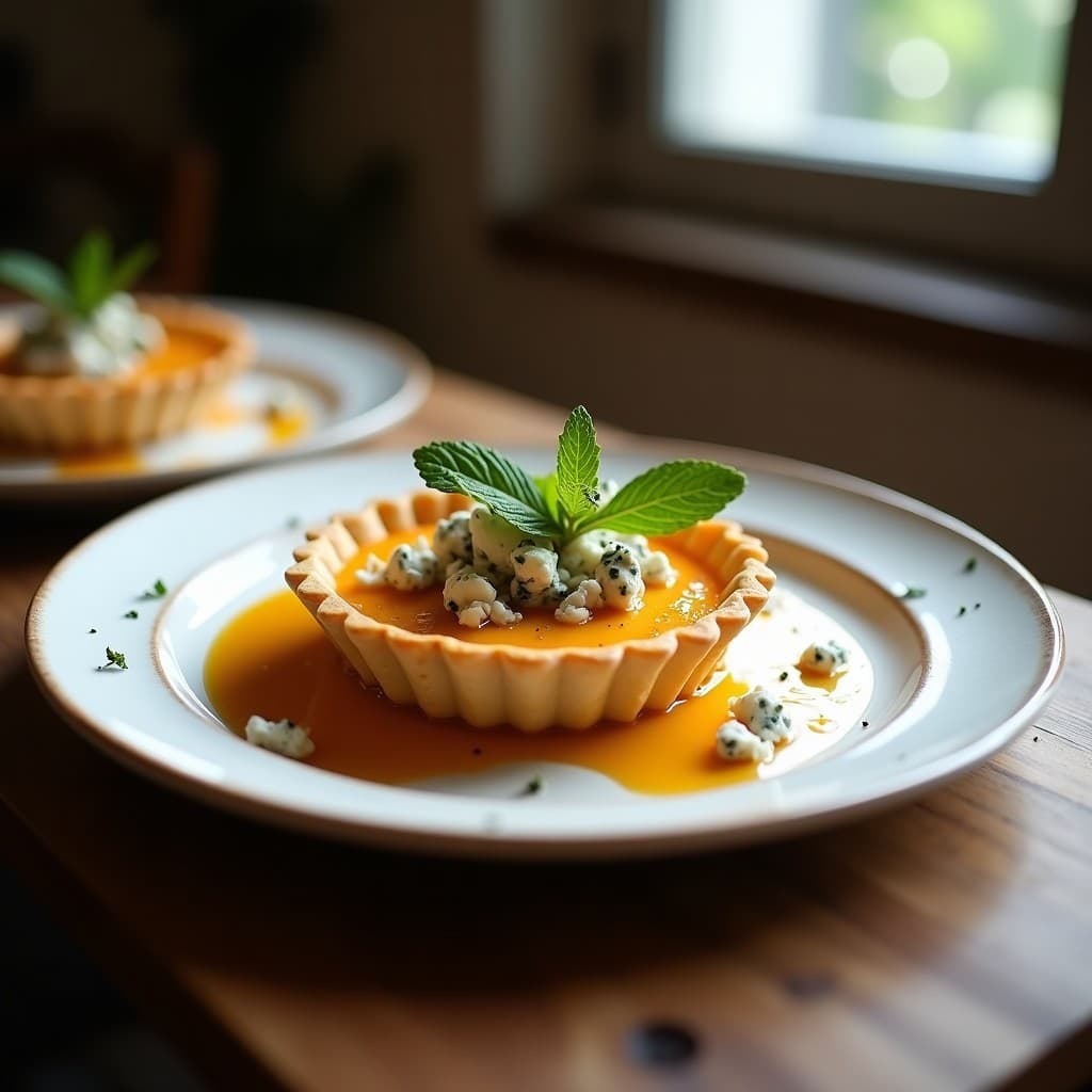 Tartaleta dorada con base crujiente, rellena de crema de calabaza butternut y trozos de queso azul, coronada con reducción brillante de oporto y hojas de menta fresca.
