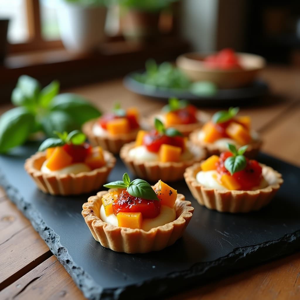 Tartaletas doradas con base de harina de almendra, rellenas de calabaça asada caramelizada, queso de búfala fundido y mermelada de tomate brillante, decoradas con albahaca fresca. Receta portuguesa de tartaleta de calabaça y queso de búfala con mermelada de tomate.