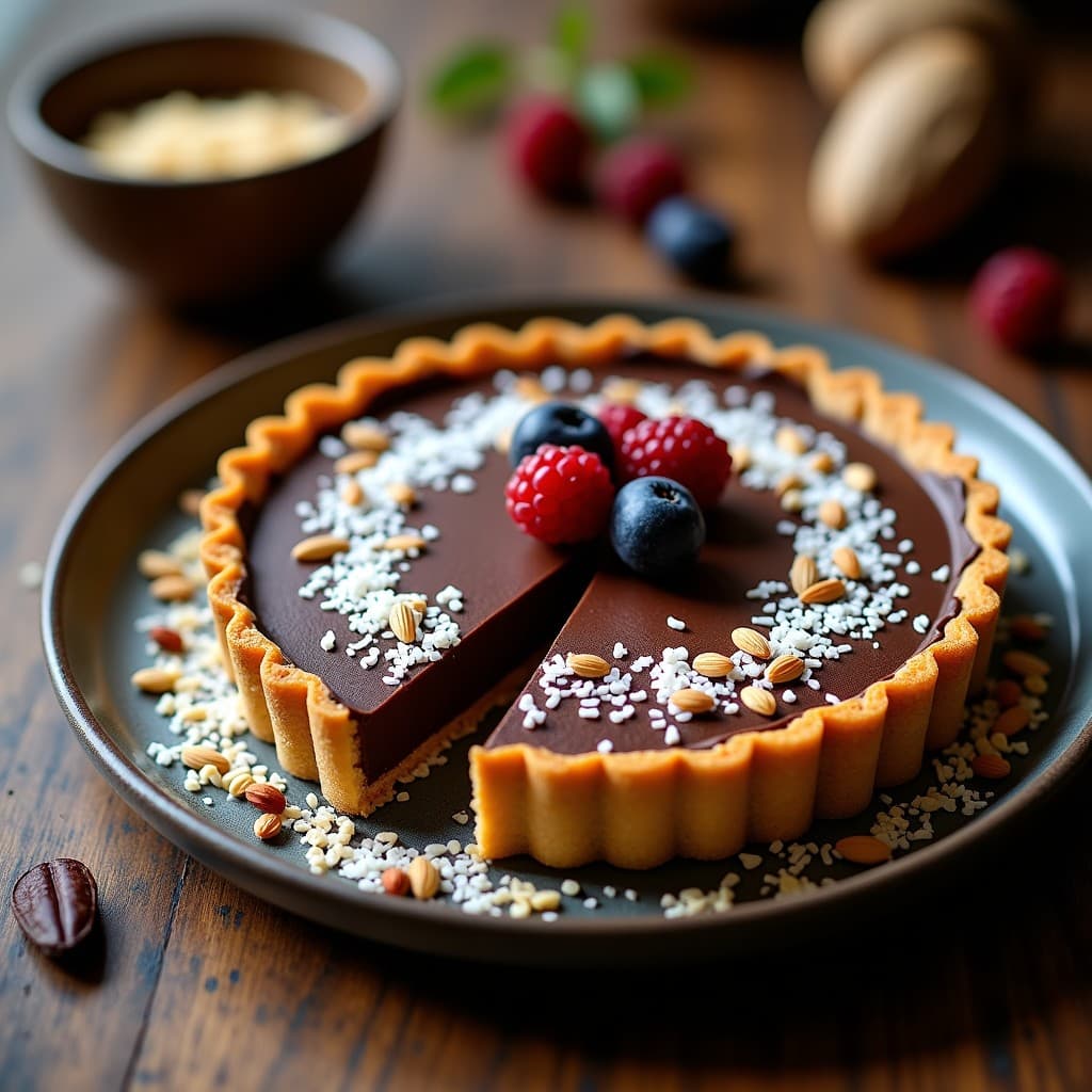 Tartaleta de camu camu y cacao en molde desmontable, con base dorada de almendra, relleno cremoso oscuro y decoración de semillas de chía y coco rallado, postre peruano sin azúcar.