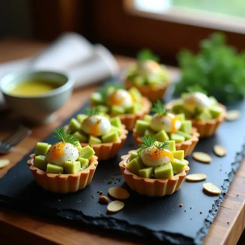 Tartaletas doradas de masa quebrada rellenas de cubos de aguacate cremoso y cangrejo desmenuzado, coronadas con vinagreta de limón y eneldo, almendras tostadas y yema de huevo. Aperitivo francés elegante y gourmet.