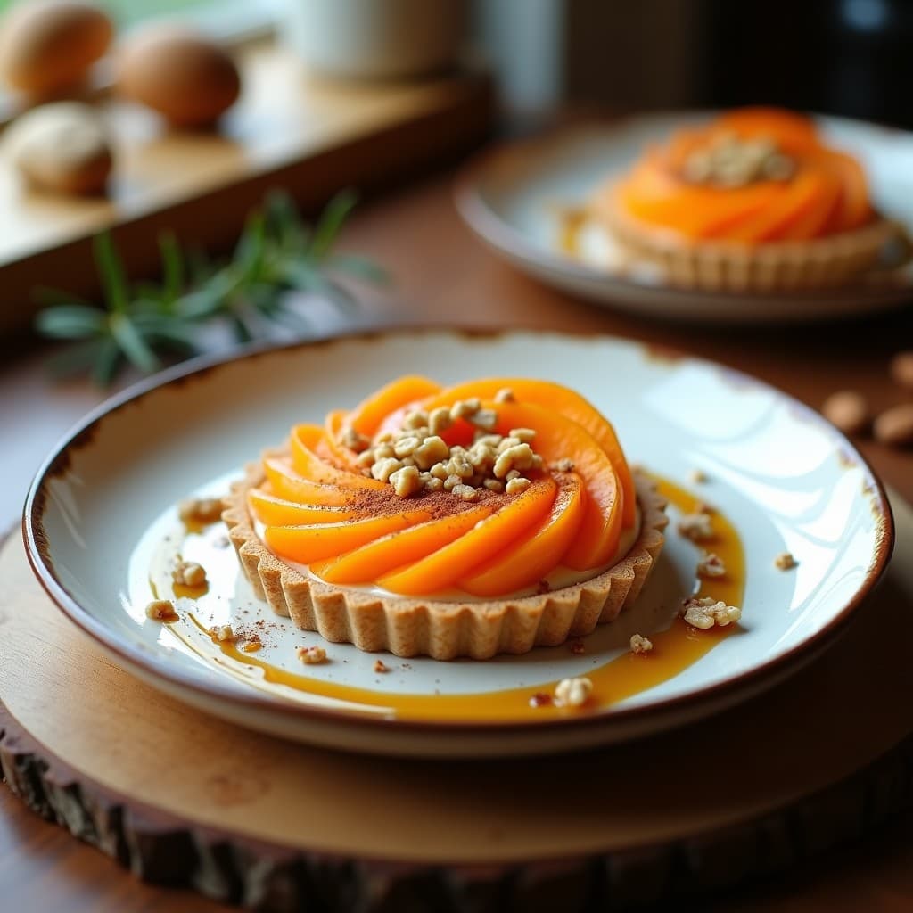 Tartaleta española sin horno con base dorada de caqui y almendras, rellena de crema suave de queso de cabaña, decorada con nueces picadas y hojas de menta fresca sobre fondo rústico de madera.