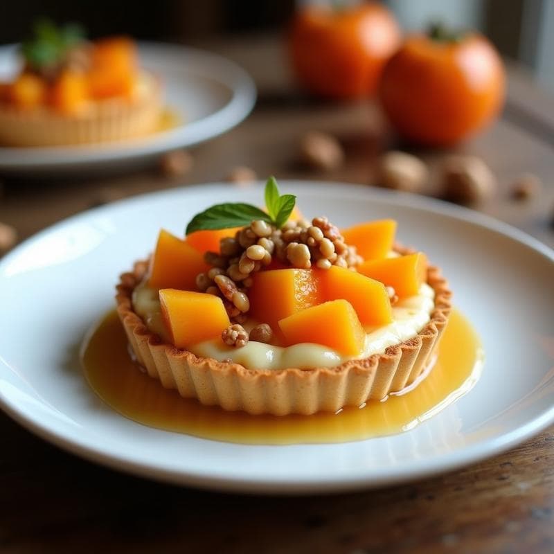 Tartaleta individual con base de galleta dorada, rellena de queso de cabra cremoso, cubos de caqui naranja brillante y reducción de oporto oscura, decorada con nueces picadas y un hilo de miel. Postre portugués elegante y sin horno.