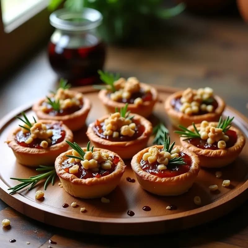 Tartaletas individuales de masa quebrada dorada rellenas de cebolla caramelizada brillante y queso cabral ahumado desmenuzado, decoradas con nueces picadas y romero fresco, sobre una tabla de madera rústica.