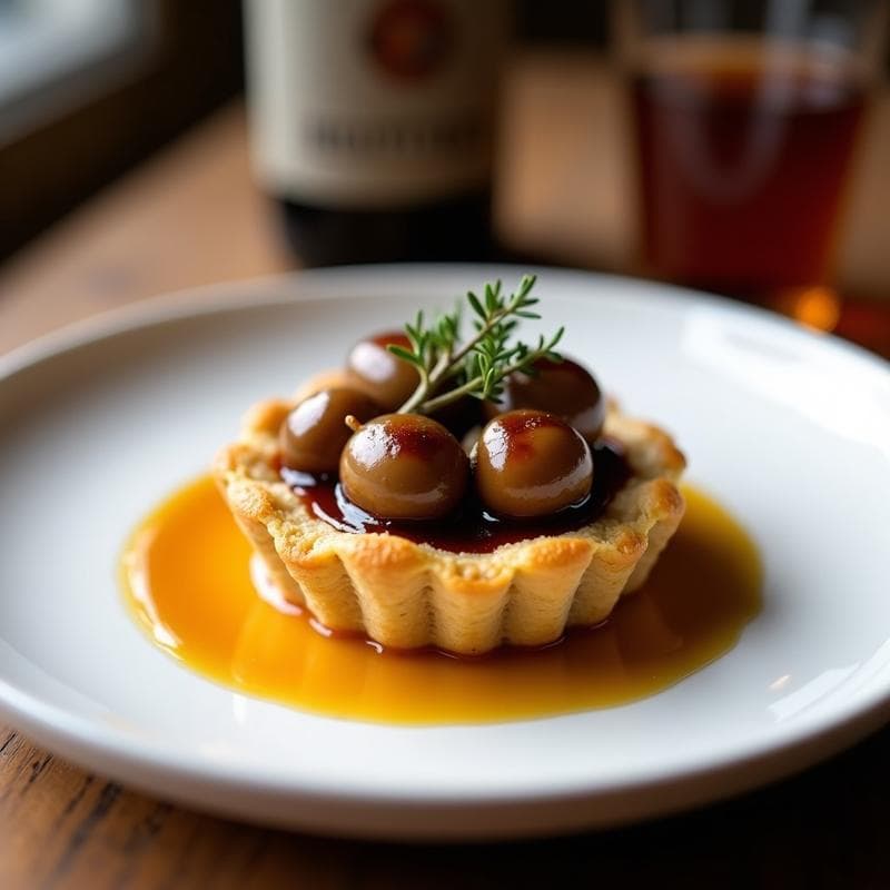 Tartaleta dorada de cevada con relleno cremoso de hongos shimeji y reducción brillante de oporto, servida en plato blanco sobre fondo rústico de madera. Entrante portugués gourmet.