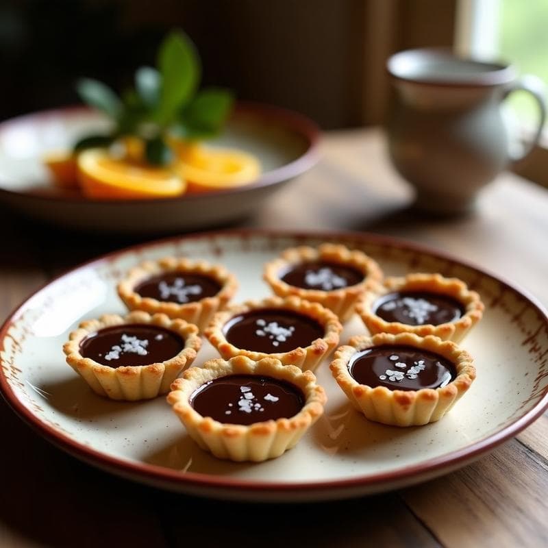 Tartaleta de chocolate negro brillante con base crujiente de almendras, decorada con escamas de sal marina y un hilo de aceite de oliva virgen extra sobre fondo rústico de madera. Postre español tradicional sin harina y sin lácteos.