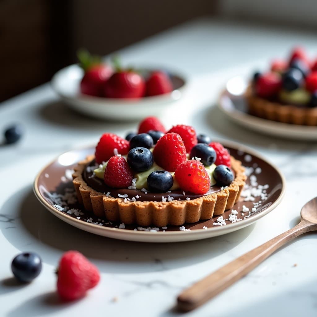 Tartaleta crudivegana sin horno con base de almendras y dátiles, rellena de crema de chocolate y aguacate, decorada con frutos rojos frescos y coco rallado sobre fondo blanco.