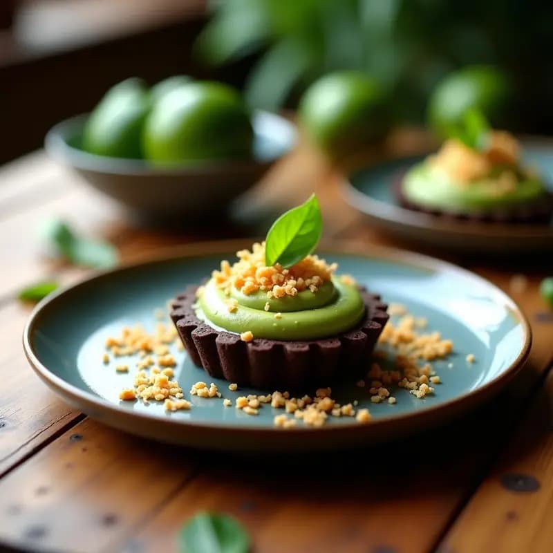 Tartaleta de chocolate negro con base crujiente de galleta, rellena de crema verde sedosa de aguacate y lima kaffir, decorada con coco tostado y hojas de lima kaffir. Postre tailandés sin horno, viral y estético.