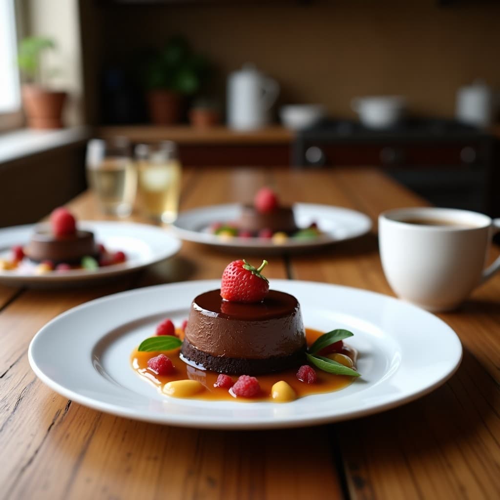 Tartaleta vegana sin horno con base crujiente de almendras y dátiles, rellena de crema de chocolate negro y aguacate, decorada con tiras de algas nori tostadas y semillas de sésamo negro sobre fondo de madera rústica.