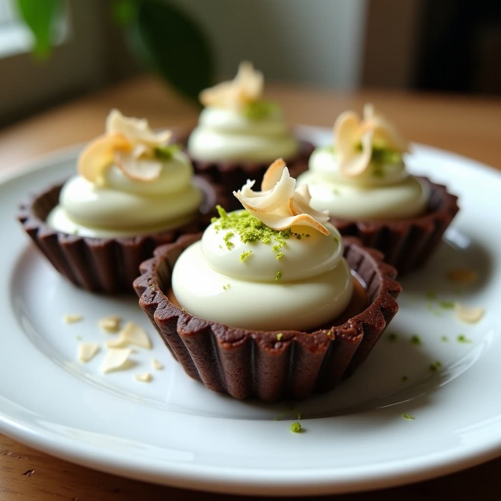 Tartaleta de chocolate negro sin gluten con base de almendra, rellena de crema de coco suave y decorada con coco rallado y almendras fileteadas. El contraste entre el color oscuro del chocolate y el blanco de la crema resalta el toque japonés. Postre elegante con un toque picante de wasabi.