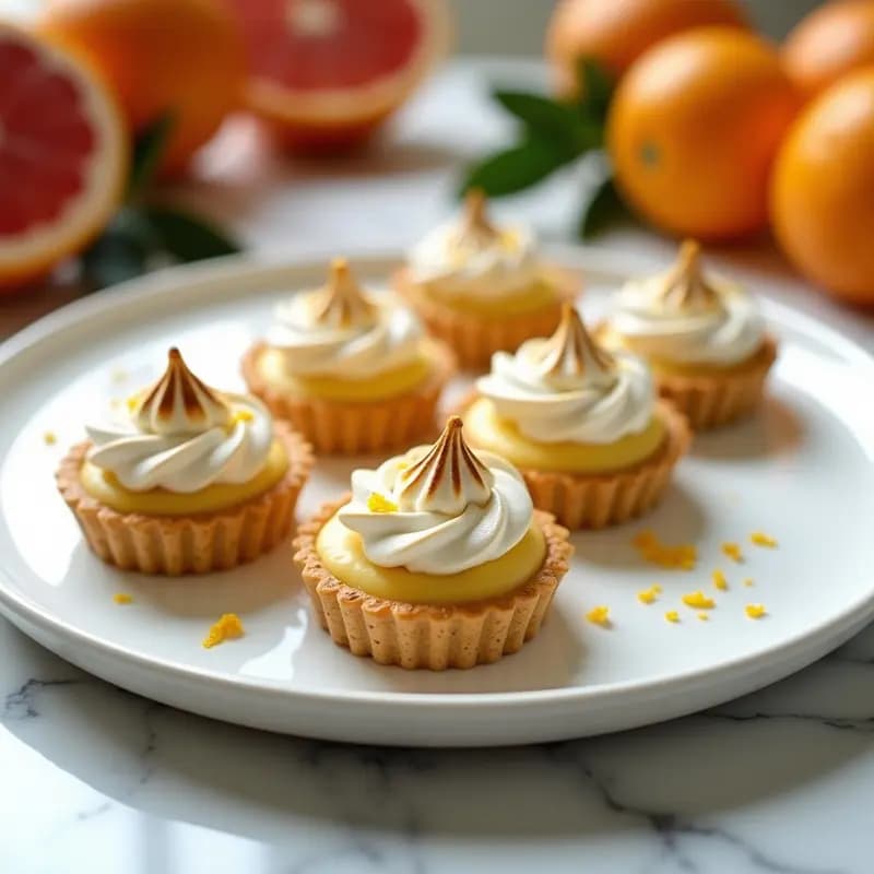 Tartaletas individuales con base crujiente de galletas de arroz, rellenas de crema de queso crema con cítricos y coronadas con merengue de toronja esponjoso y almendras fileteadas.