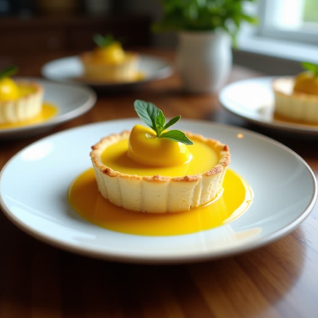 Tartaletas individuales de masa dorada de coco rallado con relleno cremoso amarillo de maracuyá, decoradas con semillas negras de maracuyá y coco rallado tostado, sobre un plato de cerámica blanca con fondo rústico.