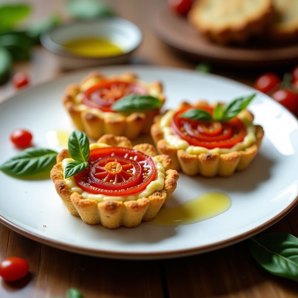Tartaleta vegana sin horno con base dorada de coliflor, rellena de crema de queso de anacardos y decorada con tomates secos en espiral y hojas de albahaca fresca, servida en molde individual.