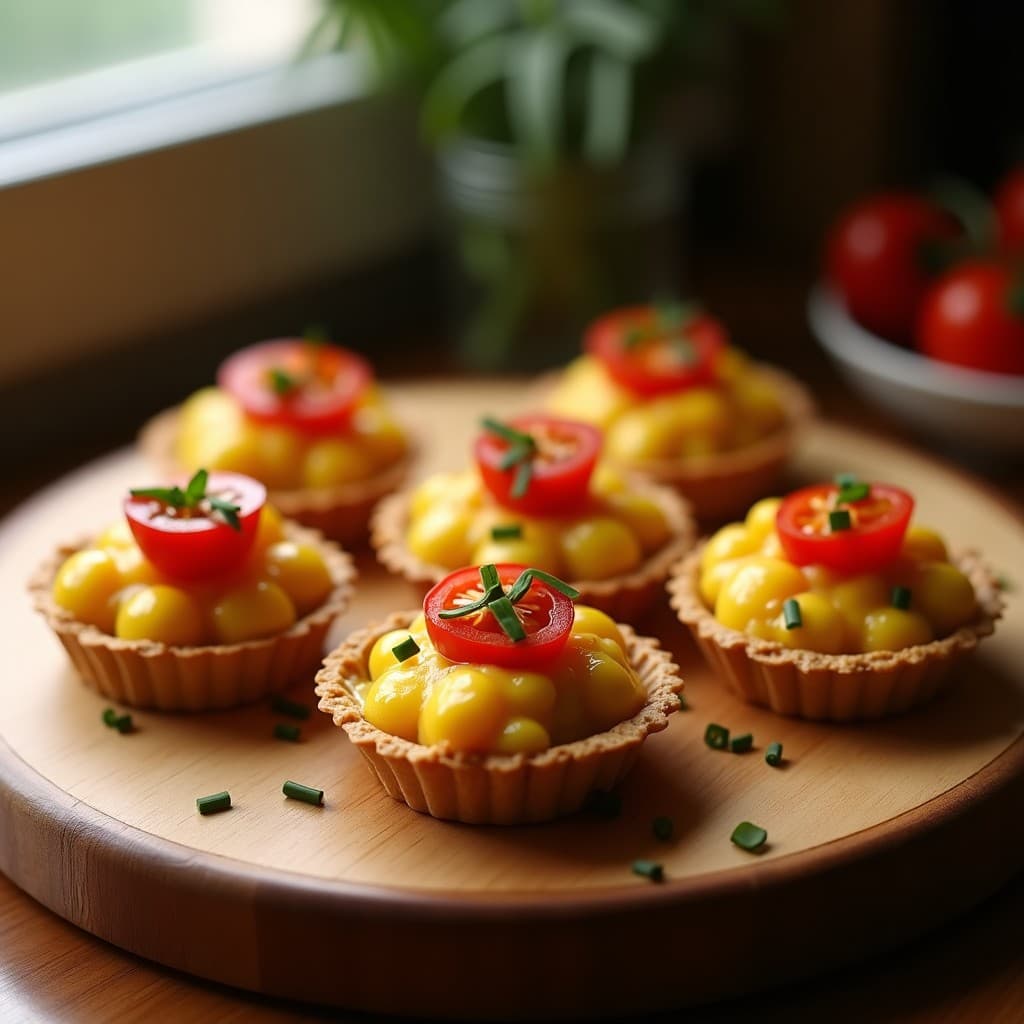 Tartaletas veganas de cúrcuma y garbanzos ahumados en moldes individuales, con base dorada de avena, relleno cremoso amarillo y decoradas con garbanzos tostados, tomates cherry rojos y cebollino verde picado.