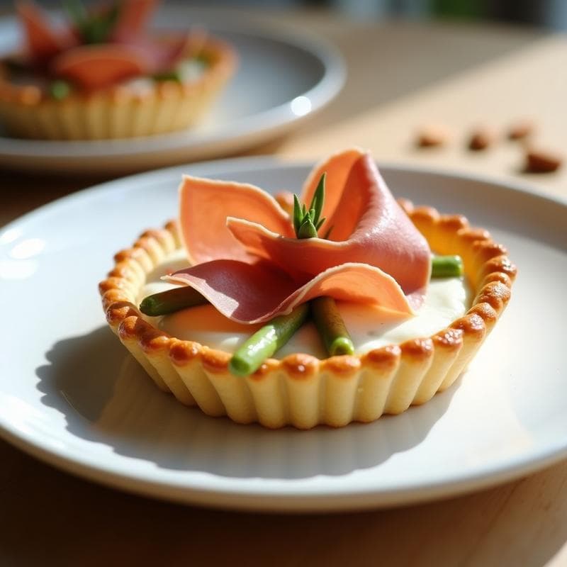 Tartaleta individual con base dorada de masa de almendra, rellena de crema de espárragos blancos y decorada con taquitos de jamón serrano, servida en plato blanco sobre fondo rústico.