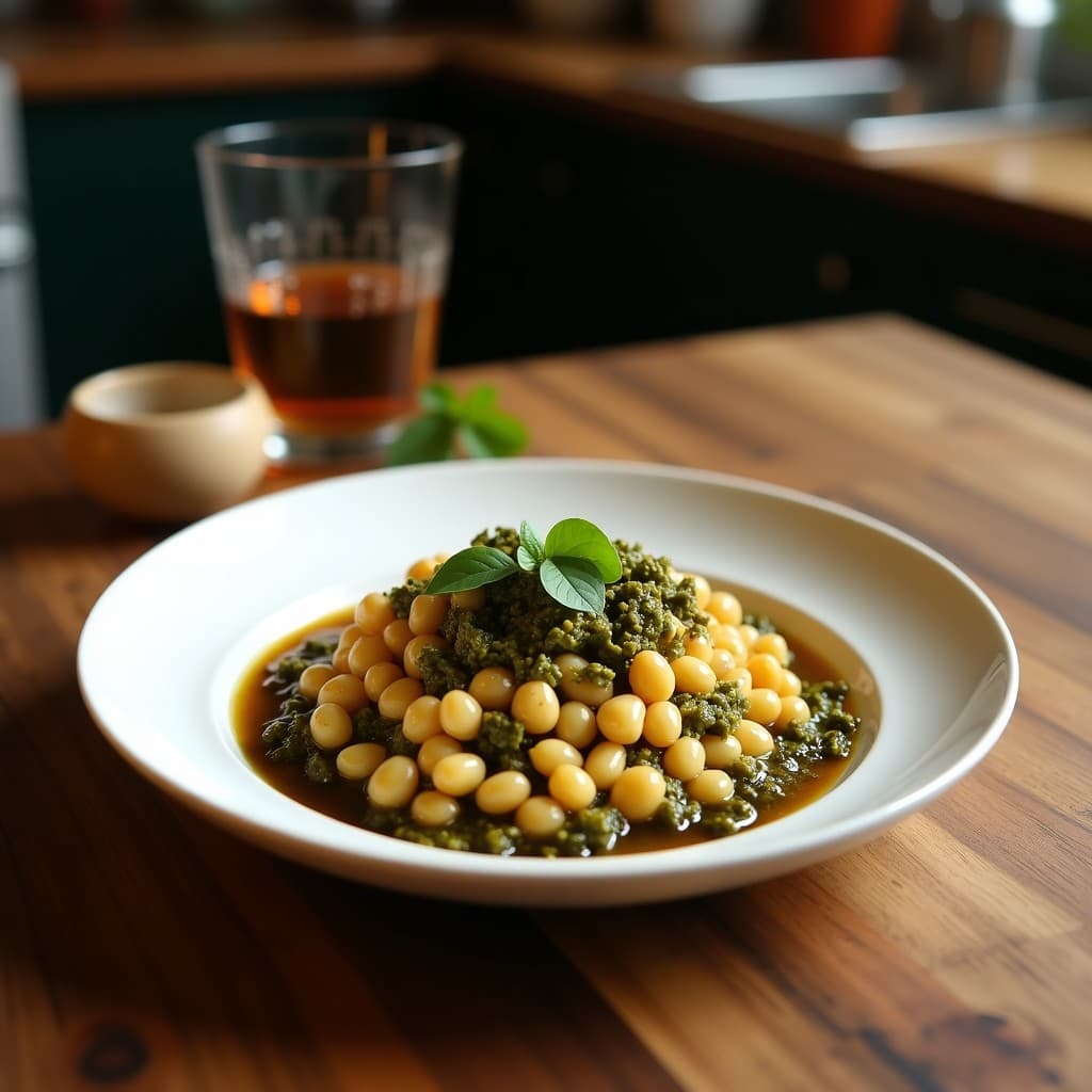 Tartaletas veganas de garbanzos y alcachofa con pesto de rúcula en airfryer, servidas en plato blanco con almendras fileteadas y rodaja de limón, receta mediterránea crujiente.