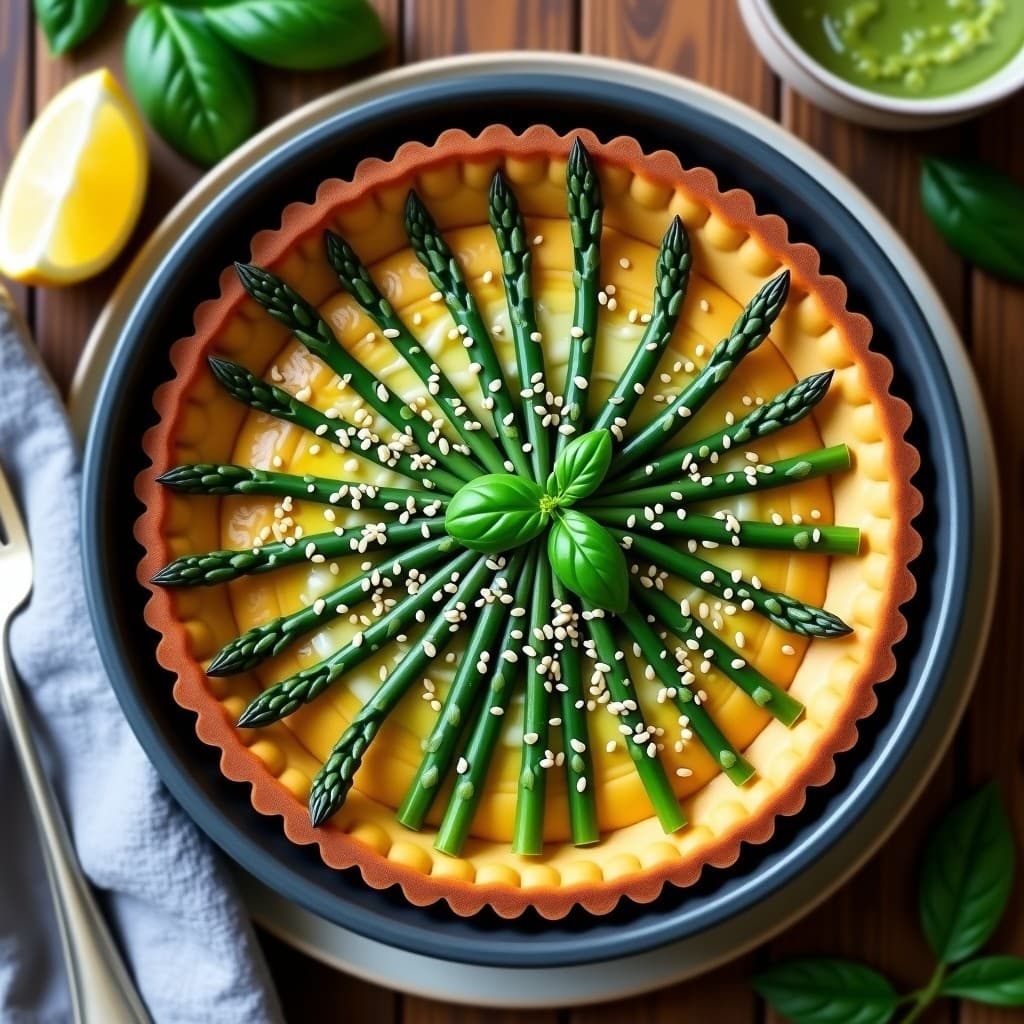 Tartaleta vegana dorada de garbanzos con espárragos trigueros salteados y pesto de albahaca brillante, servida en plato blanco sobre fondo rústico.