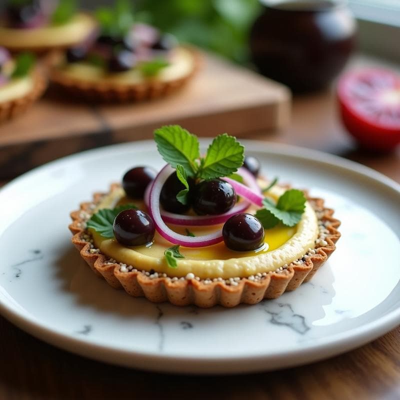 Tartaleta vegana griega con base crujiente de semillas y avena, rellena de hummus cremoso y decorada con aceitunas Kalamata, tomates secos, cebollino y menta fresca. Plato elegante y colorido ideal como aperitivo.