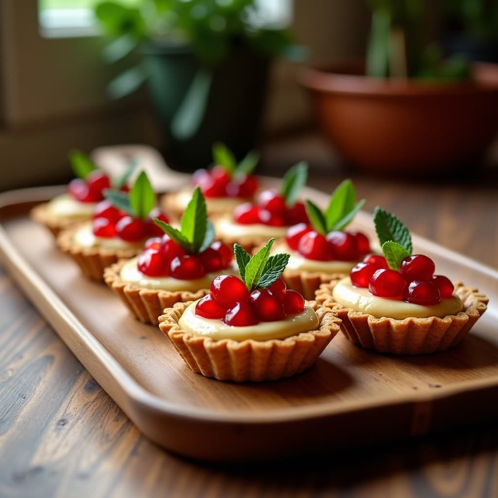 Tartaletas veganas sin gluten con base crujiente de avena y semillas, rellenas de hummus cremoso y decoradas con granos de granada rojos brillantes y hojas de menta fresca, servidas en bandeja de madera rústica.