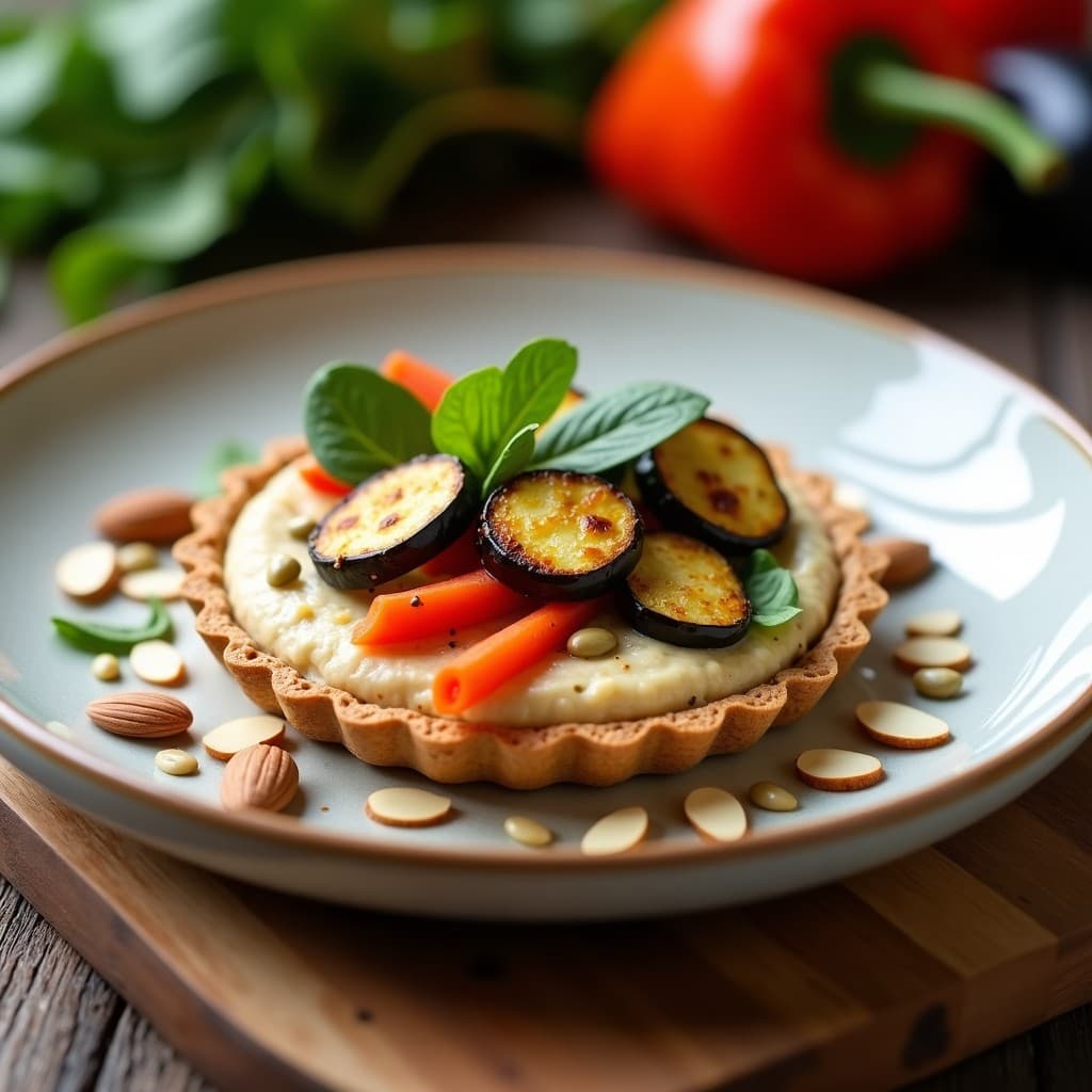 Tartaleta de hummus cremoso con base de avena, coronada con berenjena, calabacín, pimiento rojo y zanahoria asados, decorada con espinacas frescas, semillas de girasol y almendras fileteadas. Receta sin horno y alta en proteína.