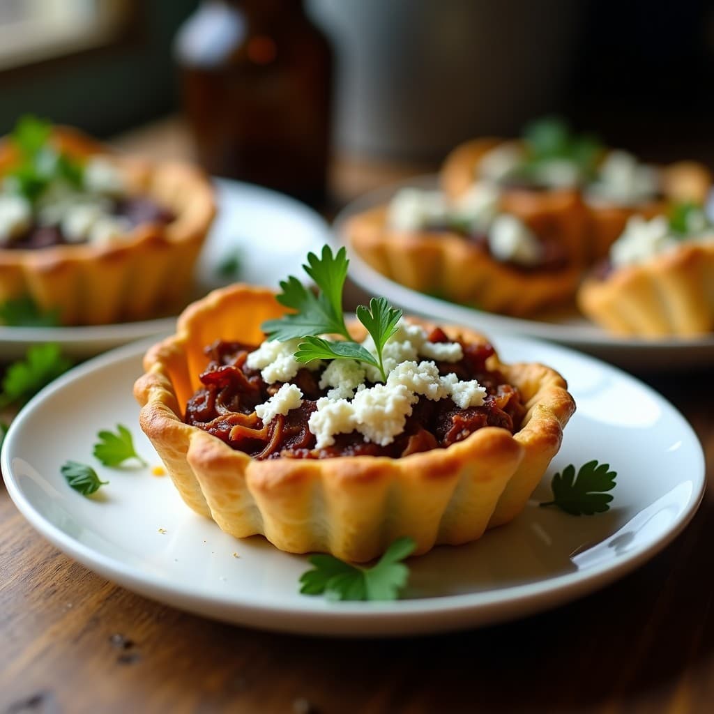 Tartaleta vegana dorada y crujiente rellena de jackfruit desmenuzado y queso azul vegano, decorada con cilantro fresco. Receta fusion indo-española en airfryer, servida en plato de cerámica blanca.