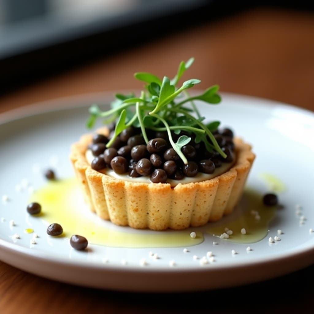 Tartaleta gourmet vegana con base de galleta de arroz integral, rellena de foie gras cremoso de champiñones portobello y nueces, coronada con lentejas beluga brillantes y microvegetales de rúcula, presentada en plato blanco sobre fondo oscuro.