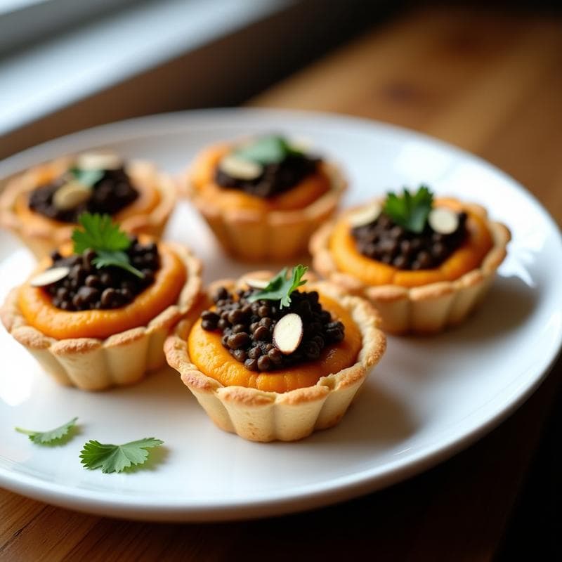 Tartaleta vegana con base de hojaldre dorado, rellena de puré de batata cremoso y lentejas negras especiadas, decorada con cilantro fresco y almendras fileteadas tostadas. Presentación elegante en plato blanco con fondo rústico.