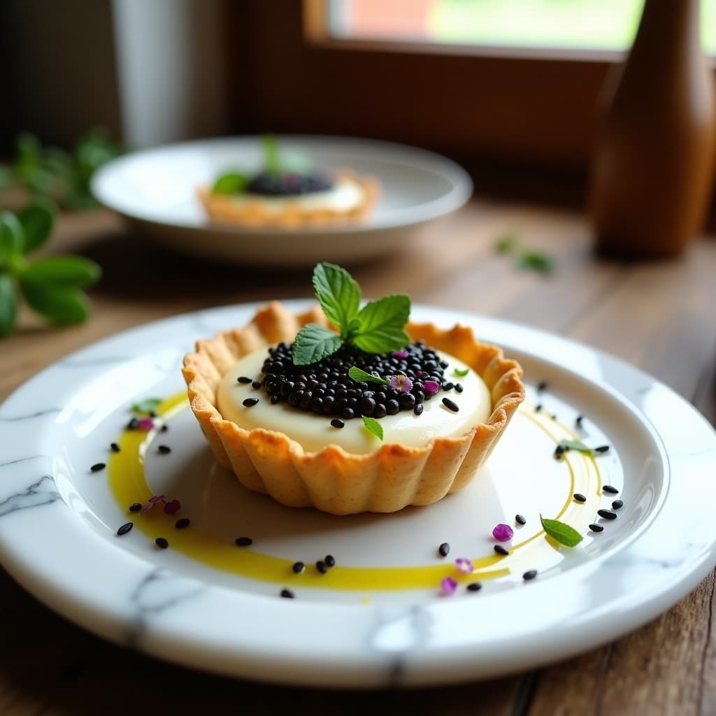 Tartaleta crudivegana con base dorada de linaza, rellena de crema suave de espárragos blancos y coronada con caviar de berenjena negro brillante, decorada con semillas de sésamo y aceite de oliva.
