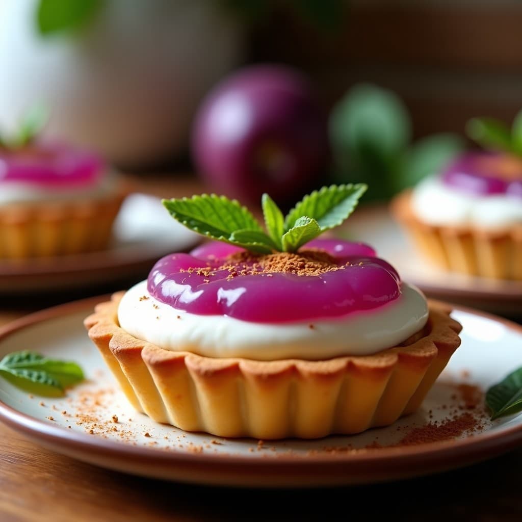 Tartaleta de maíz morado con base violeta oscuro y relleno cremoso blanco coronado con pasta de guayaba rosada, postre colombiano sin gluten sobre plato de cerámica con hojas de menta.