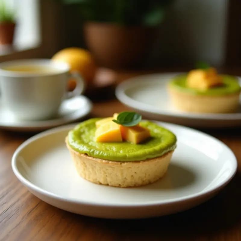 Tartaleta keto sin horno con base verde de matcha y coco rallado, rellena de crema de mango amarillo brillante, decorada con trozos de mango fresco sobre fondo blanco.