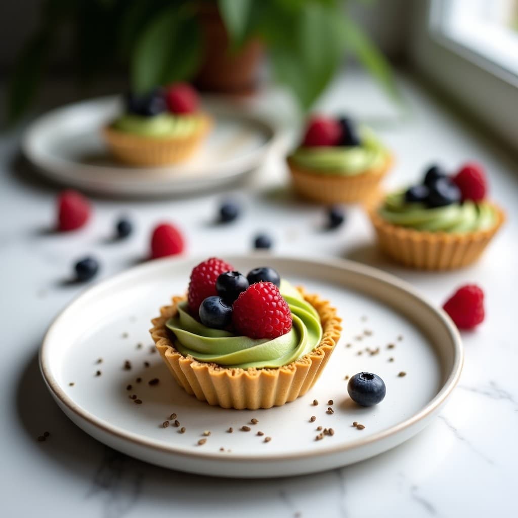 Tartaleta individual keto con base dorada de almendra y coco, rellena de capas de white chocolate cremoso y matcha verde vibrante, decorada con frambuesas y arándanos frescos y semillas de chía.