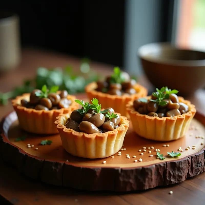 Tartaletas doradas y crujientes rellenas de una mezcla cremosa de champiñones portobello y misoshiru, espolvoreadas con semillas de sésamo y perejil fresco. Plato japonés vegano hecho en airfryer con umami explosivo.