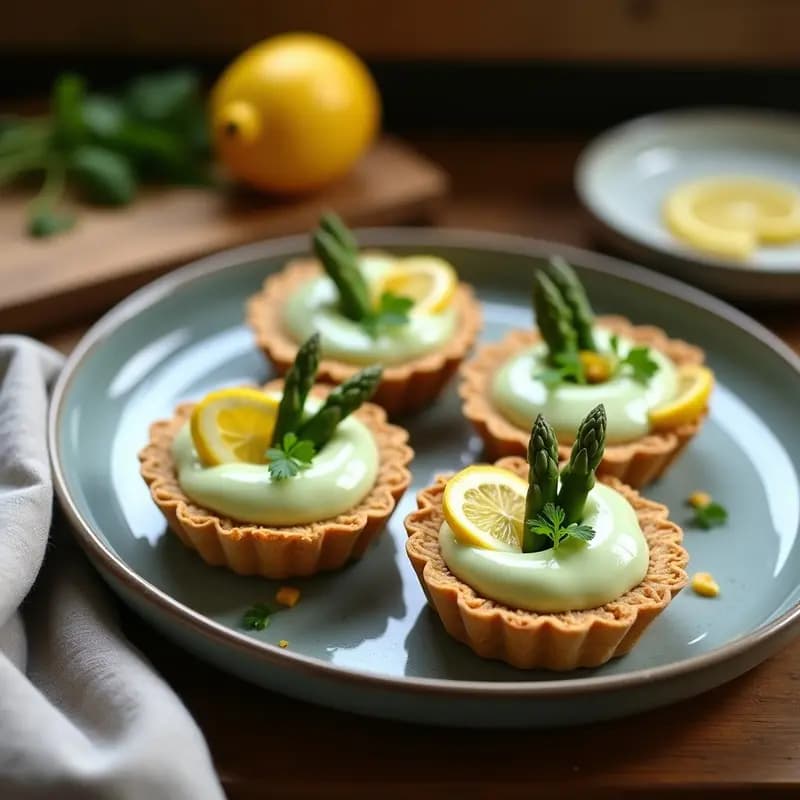 Tartaleta de base dorada y crujiente de pipas de girasol rellena de crema suave de espárragos blancos, decorada con láminas de limón confitado y perejil fresco sobre fondo rústico de madera.
