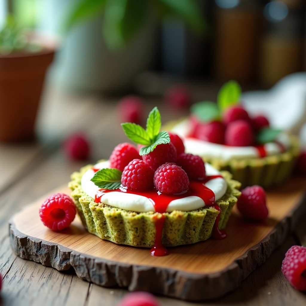 Tartaleta individual con base dorada de pistacho tritado, rellena de crema suave de espárragos blancos y decorada con frambuesas frescas y un hilo de vinagreta rosada. Plato gourmet para aperitivos elegantes.