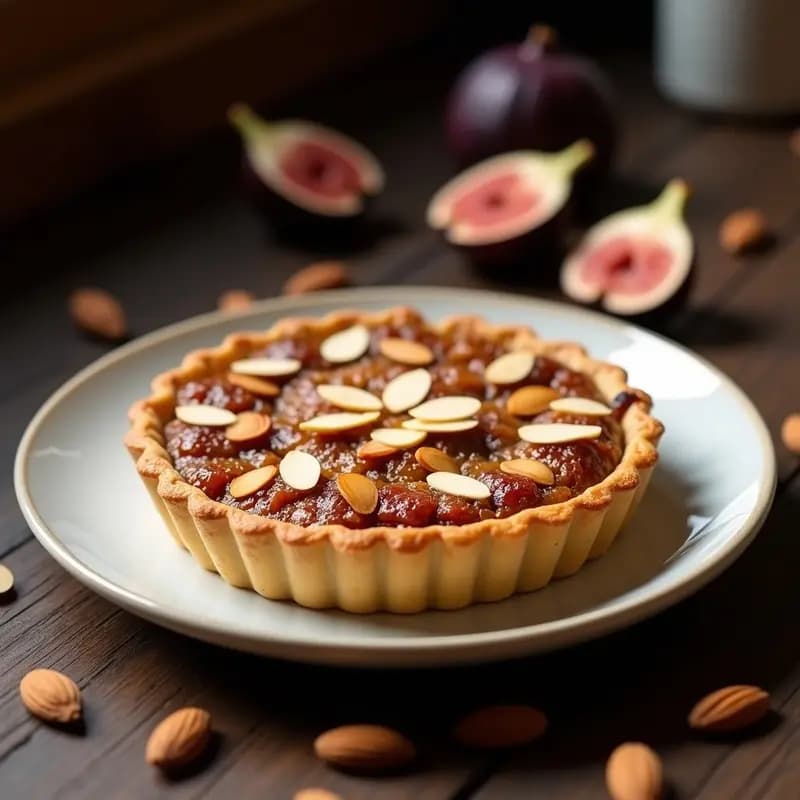 Tartaleta portuguesa de higo y almendras en molde individual, con base dorada de almendras tostadas, relleno cremoso de higos y decoración de rodajas de higo fresco y canela en polvo. Postre tradicional sin harina sobre fondo de madera rústica.