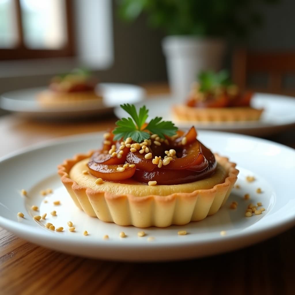 Tartaleta vegana sin horno con base de puré de garbanzos cremoso, cebolla morada caramelizada brillante y crujiente de semillas de sésamo doradas, decorada con hojas de cilantro fresco sobre plato blanco.