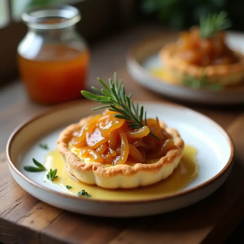 Tartaleta individual con base dorada de almendra, rellena de cebolla caramelizada brillante y queso de cabra gratinado, decorada con miel y romero fresco sobre plato blanco rústico.