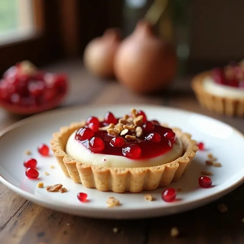 Tartaleta vegana gourmet con base de galleta de avena, relleno cremoso de queso de castaña con trozos de trufa blanca y capa superior brillante de gelée de granadina, servida en molde individual sobre plato blanco con decoración de virutas de castaña.