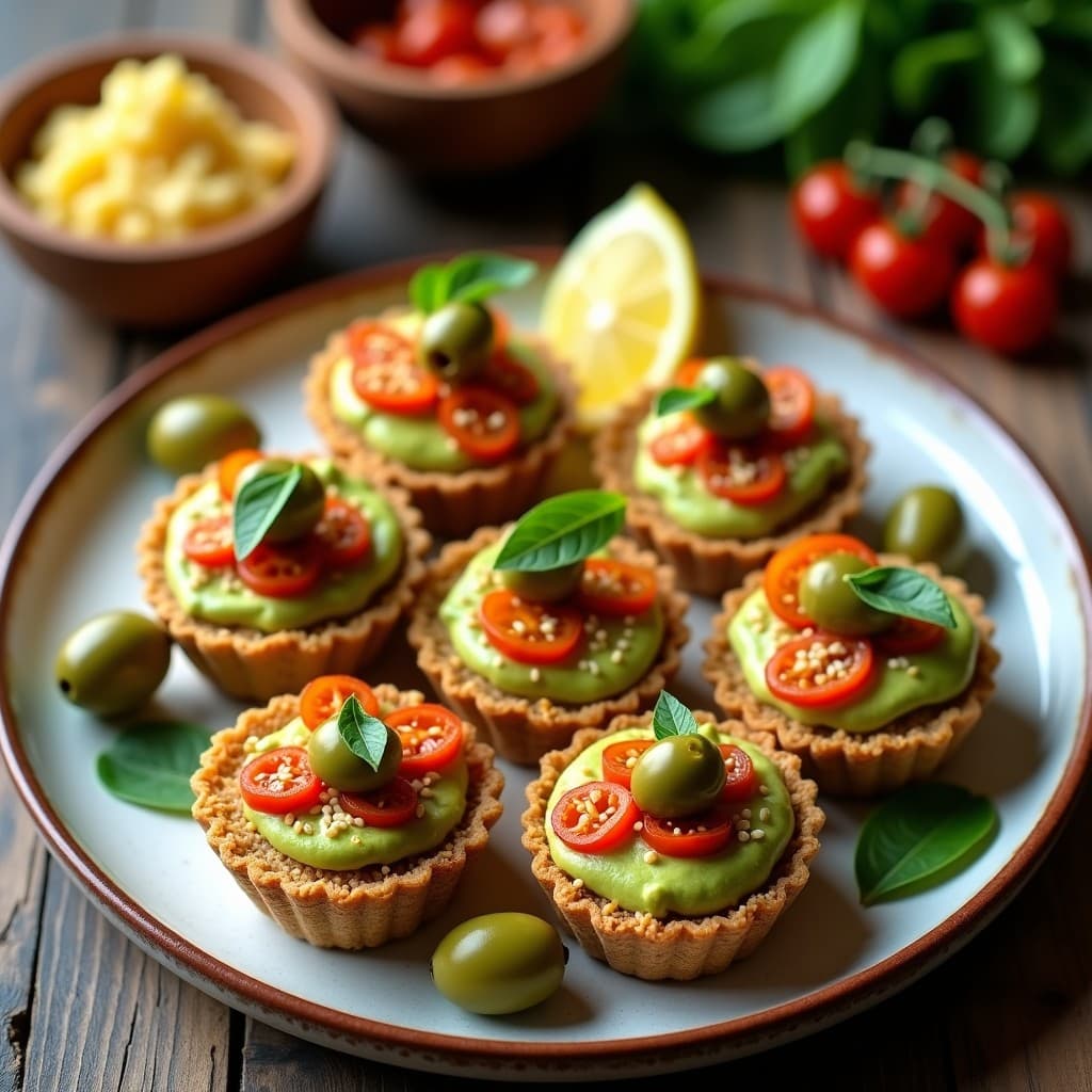 Tartaleta crudivegana sin horno con base dorada de quinoa inflada compacta, rellena de paté cremoso de aceitunas verdes y tomate seco, decorada con semillas de sésamo y hojas de albahaca fresca sobre fondo rústico de madera.