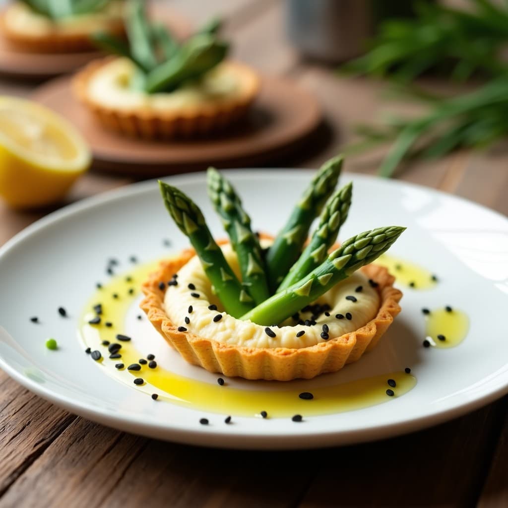 Tartaleta crudivegana con base dorada de quinoa germinada, rellena de crema sedosa de anacardos y coronada con espárragos verdes frescos en abanico, semillas de sésamo negro y un hilo de aceite de oliva. Plato elegante y saludable.
