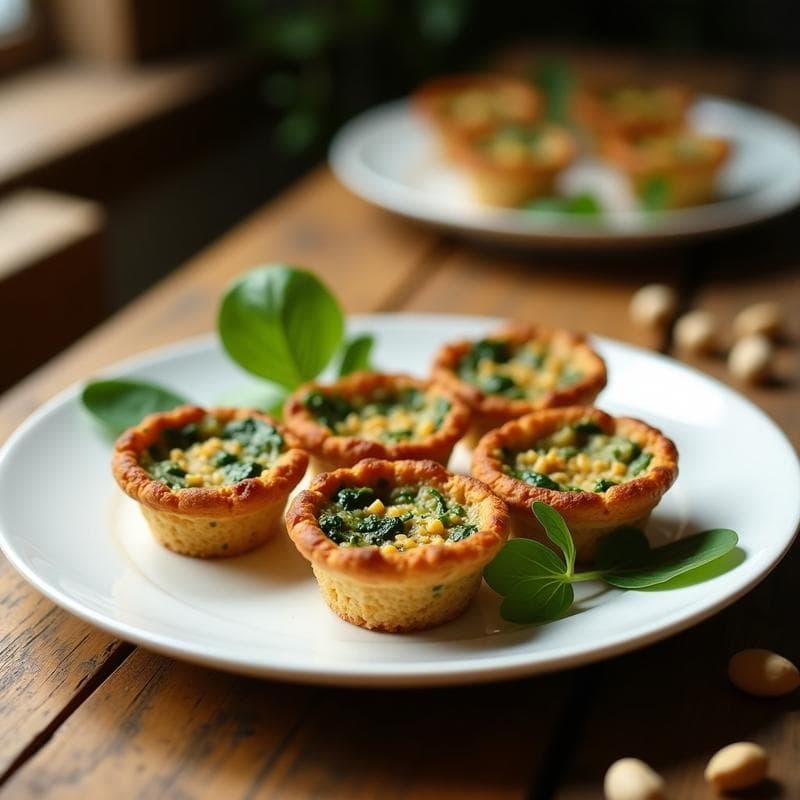 Tartaletas doradas de quinoa y espinaca con hongo reishi, servidas en plato blanco sobre fondo rústico de madera, receta vegana alta en proteína y umami.