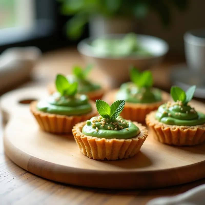Tartaletas veganas de base dorada y crujiente de quinoa rellenas de puré cremoso de guisantes verde brillante, decoradas con hojas de mentha fresca y semillas de sésamo. Presentadas en bandeja de madera rústica, aperitivo vegano en 15 minutos.