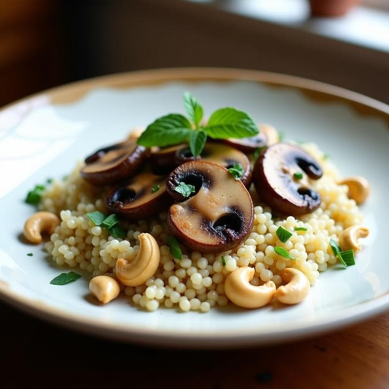 Tartaleta vegana crujiente de quinoa y hongos portobello con crema de anacardos, presentada en molde individual dorado con decoración de pimentón y hierbas frescas, receta sin gluten y alta en proteína.
