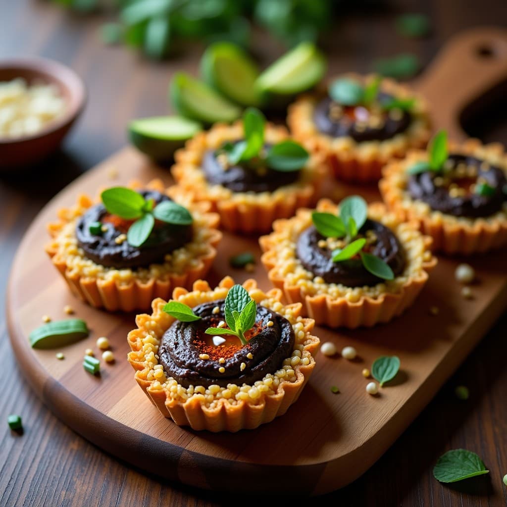 Tartaletas individuales con base dorada y crujiente de quinoa inflada y sésamo, rellenas de hummus de lentejas negras cremoso, decoradas con apio picado, cebollino y hojas de menta fresca. Presentación elegante en bandeja de madera con detalles de especias.