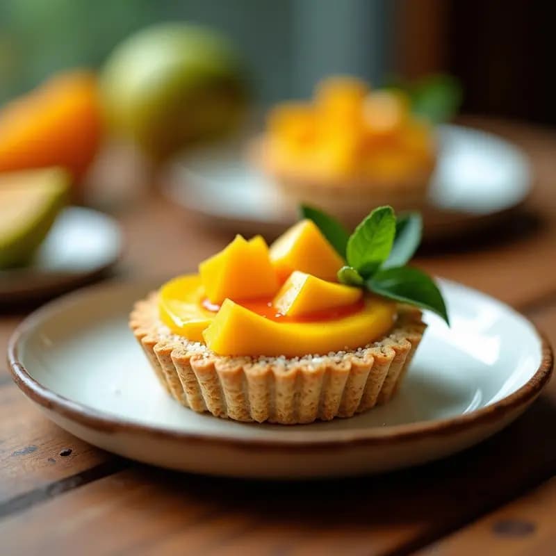Tartaleta vegana sin horno con base crujiente de quinoa y anacardos, rellena de puré de mango amarillo y decorada con cubos de mango fresco, acompañada de una salsa naranja de chile habanero. Postre peruano saludable y colorido.