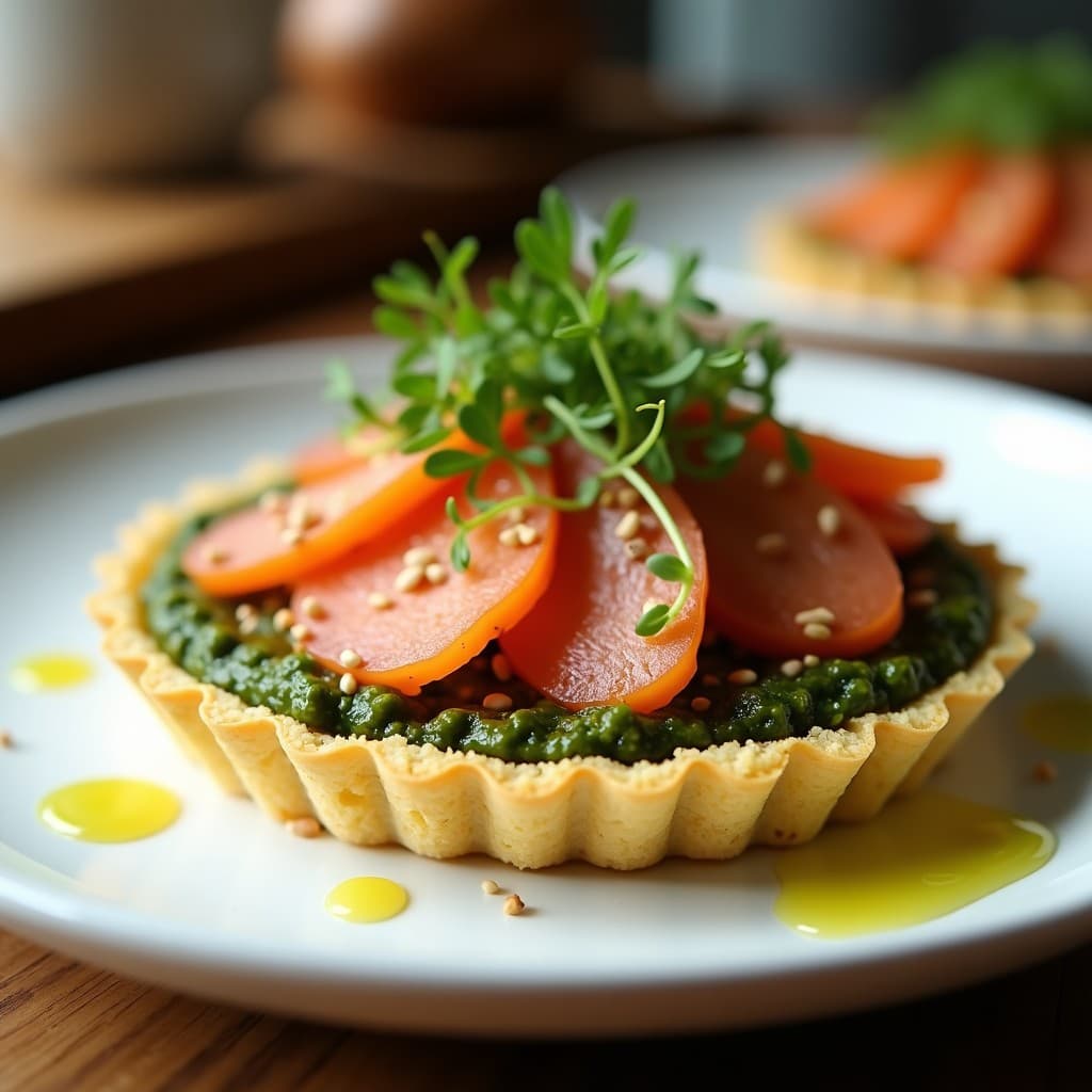 Tartaleta keto de quinoa dorada con relleno verde intenso de pesto de algas, coronada por láminas de ventresca ahumada y semillas de sésamo, servida en plato blanco sobre fondo rústico.
