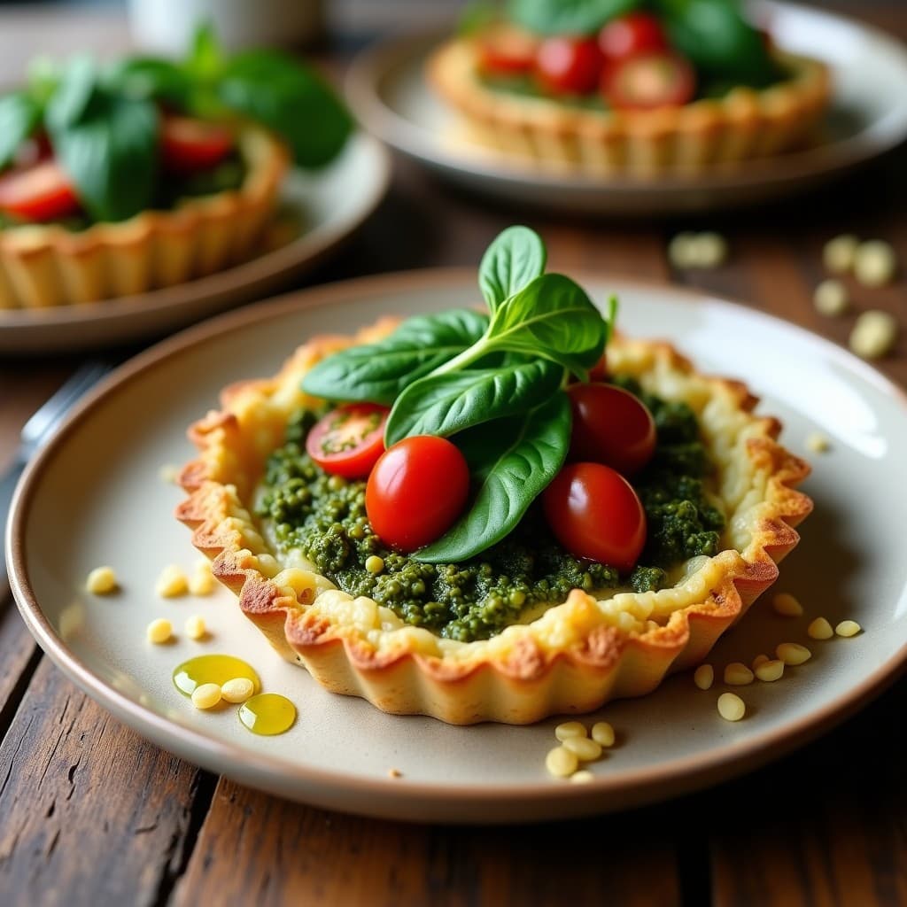 Tartaleta de quinoa dorada con base compacta, rellena de pesto de higuerilla verde oscuro, espinacas frescas y tomates cherry rojos. Plato típico colombiano sin gluten, servido en un tupper transparente con fondo rústico de madera.