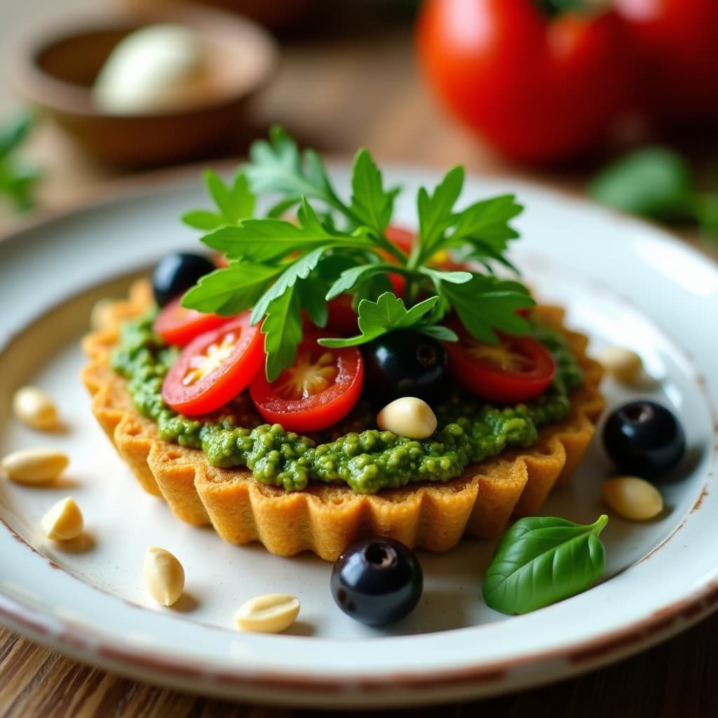 Tartaleta dorada de quinoa con base crujiente, cubierta de pesto de rúcula verde brillante, decorada con tomates secos en tiras y aceitunas negras. Plato saludable, sin gluten y alto en proteína, servido en un plato blanco rústico con fondo de madera.