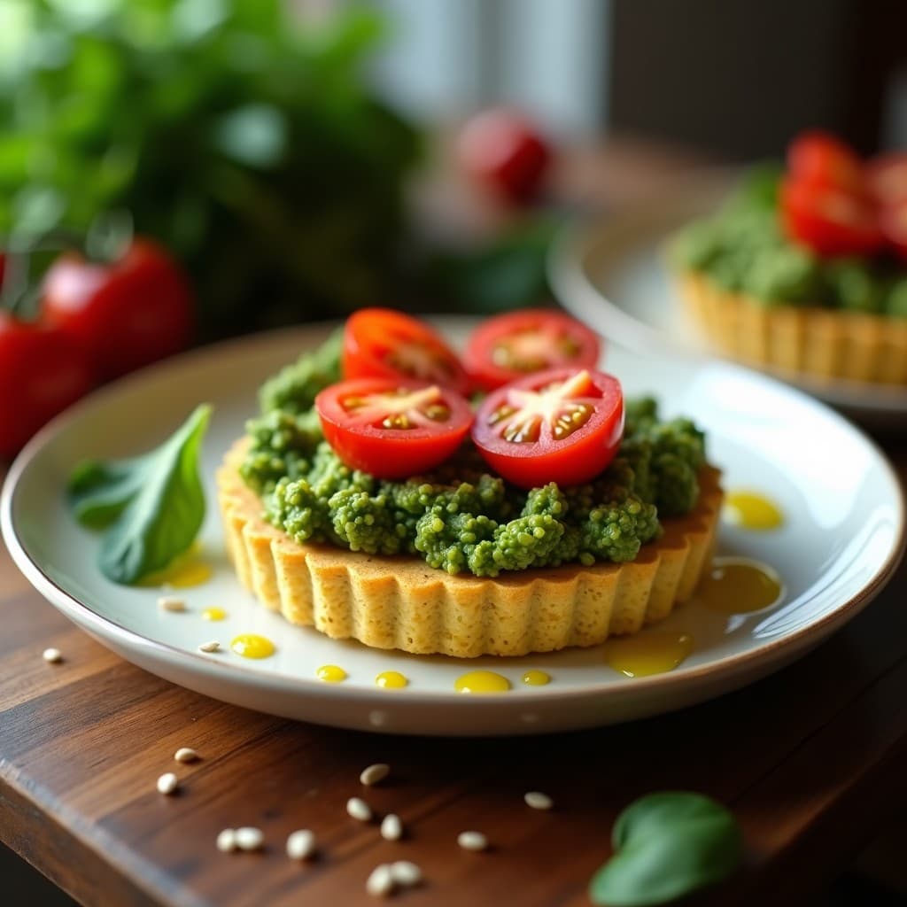 Tartaleta de quinoa dorada con base compacta y crujiente, rellena de pesto de rúcula verde vibrante y decorada con tomates cherry rojos brillantes. Plato elegante de aperitivo sin gluten y sin horno, servido en molde individual sobre fondo rústico de madera.