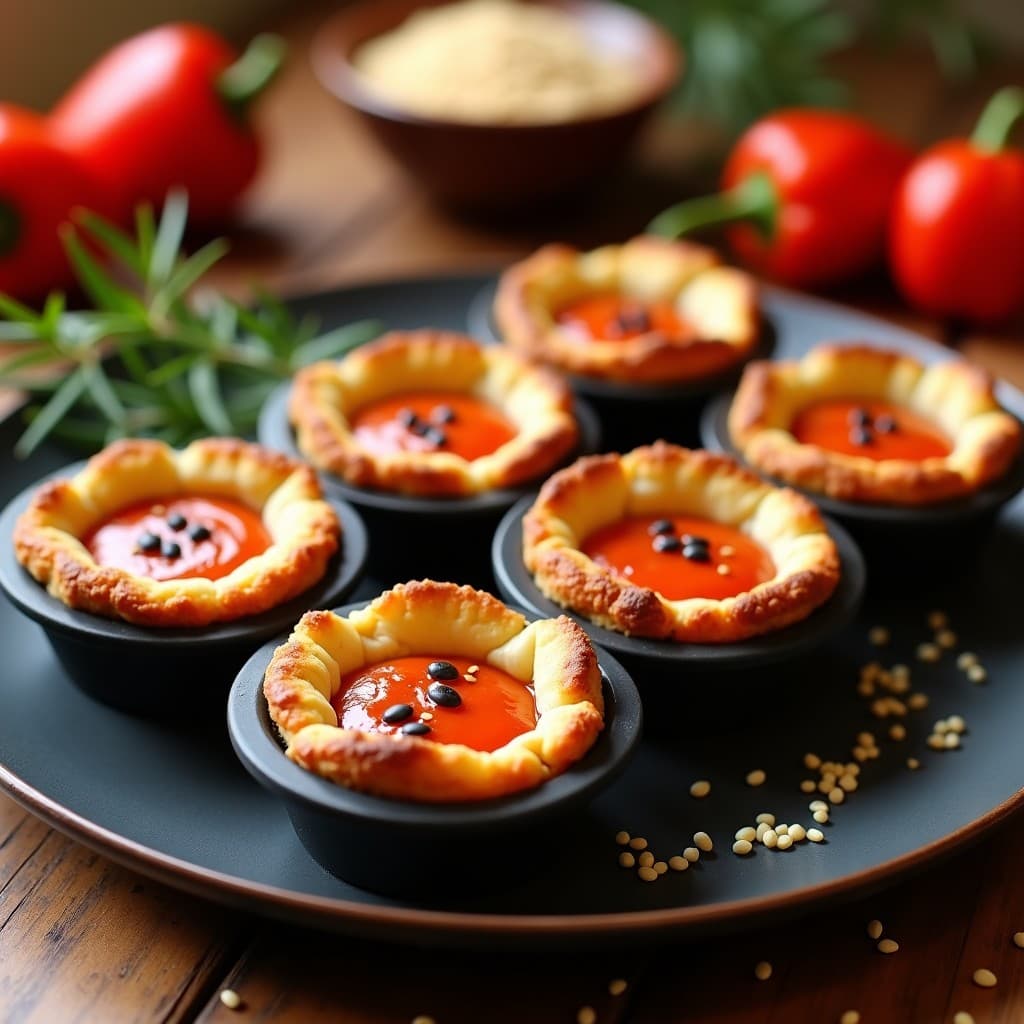 Tartaleta vegana sin gluten de quinoa inflada dorada con relleno cremoso de tofu, espinacas y pimiento choricero, decorada con semillas de sésamo sobre un plato blanco.