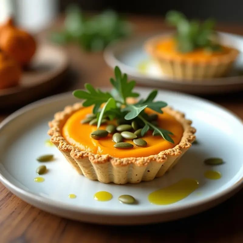 Tartaleta dorada de quinoa inflada rellena de puré de calabaza butternut cremoso y coronada con pepitas de calabaza tostadas, servida en plato blanco sobre fondo rústico de madera. Receta de aperitivo sin gluten con texturas crujientes y cremosas.